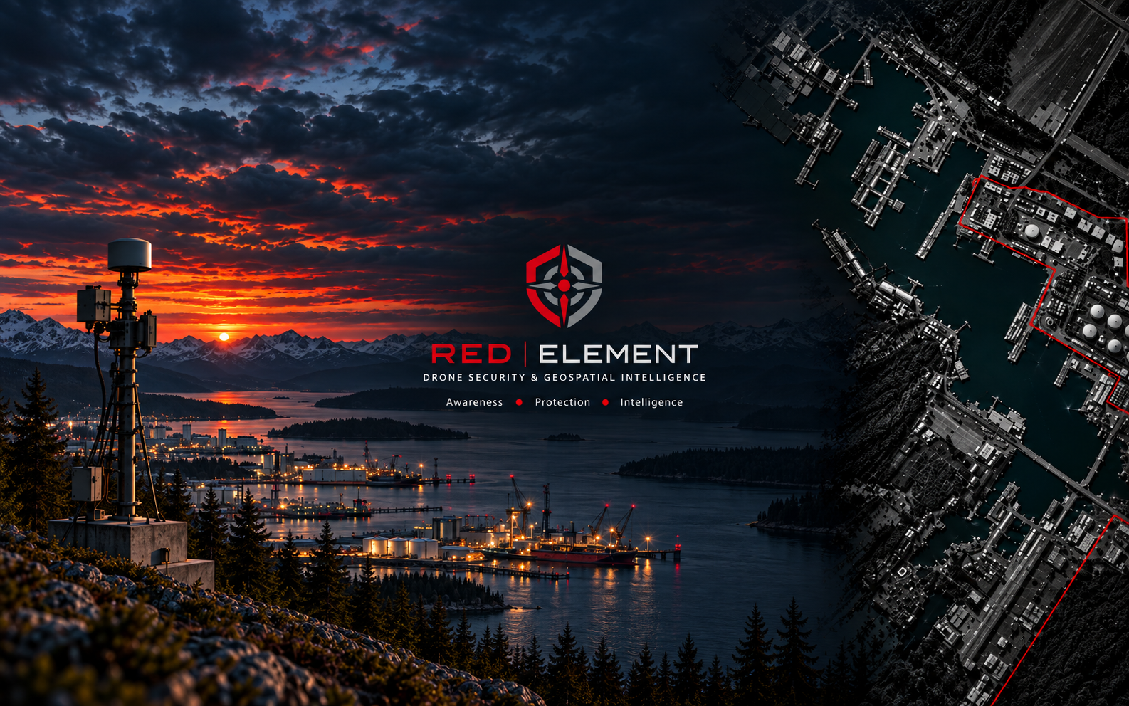 Red Element shield and wordmark over a coastal security sensor, mountain harbour at sunset, and monochrome aerial imagery of port infrastructure